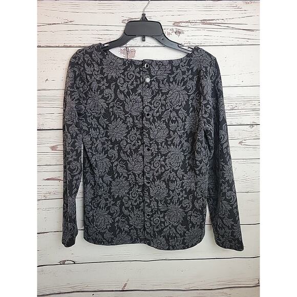 Talbots Black Floral Jacquard Button Down Back Accents Long Sleeve Top SZ Medium - Picture 2 of 9